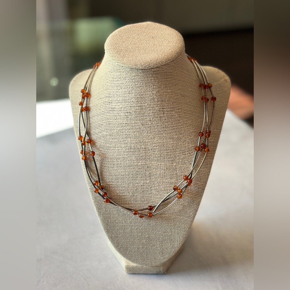 Sterling Silver Amber Beads Multi-Strand Necklace